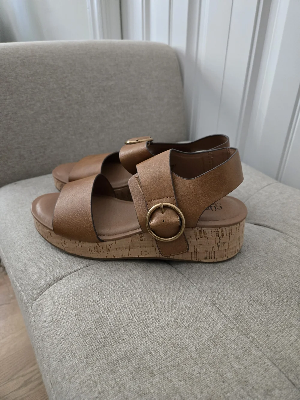 Comfort Cork Wedge Sandals in Tan with Decorative Buckle